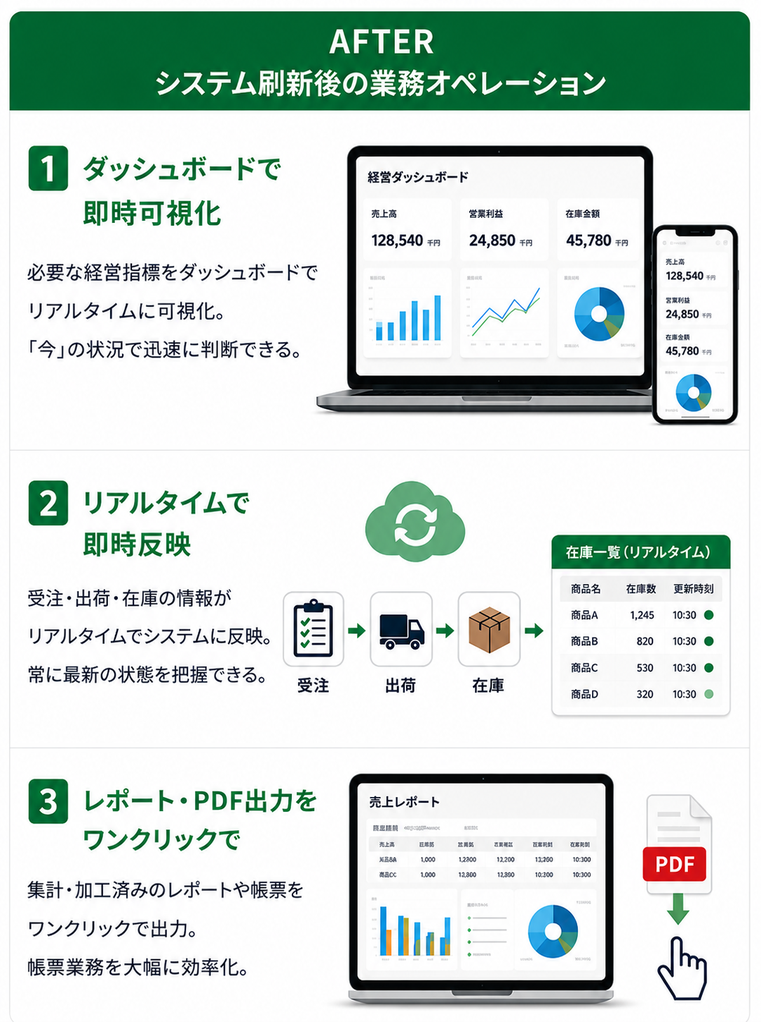 クオンツ導入後の業務オペレーション：ダッシュボードで即時可視化／リアルタイムで即時反映／レポート・PDF出力をワンクリック